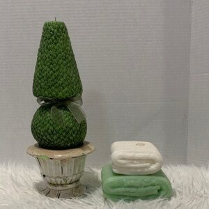 3 candles - Green Topiary Candle, White and Green Folded Towel Candles